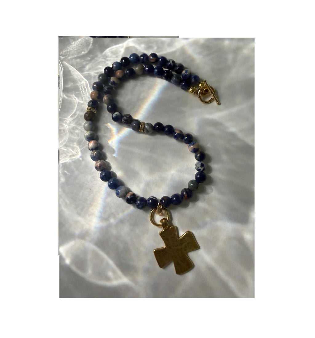 Blue Sodalite Beaded necklace with hammered cross