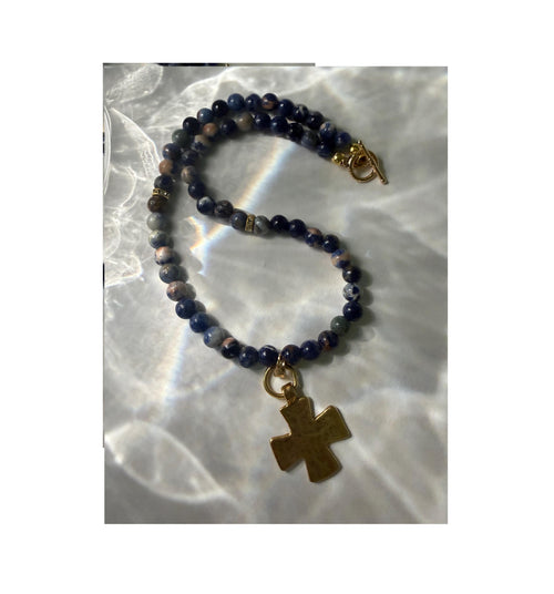 Blue Sodalite Beaded necklace with hammered cross