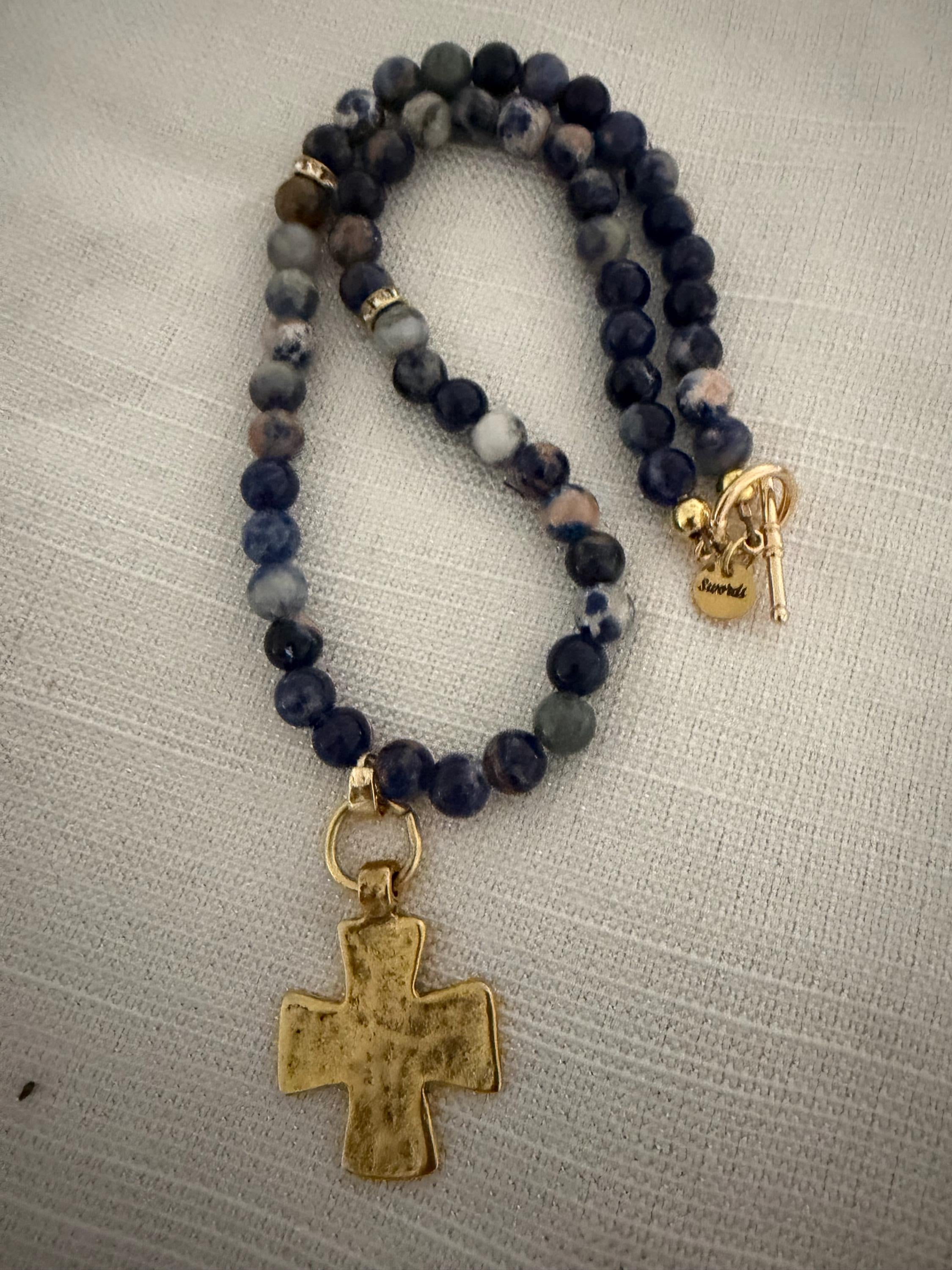 Blue Sodalite Beaded necklace with hammered cross