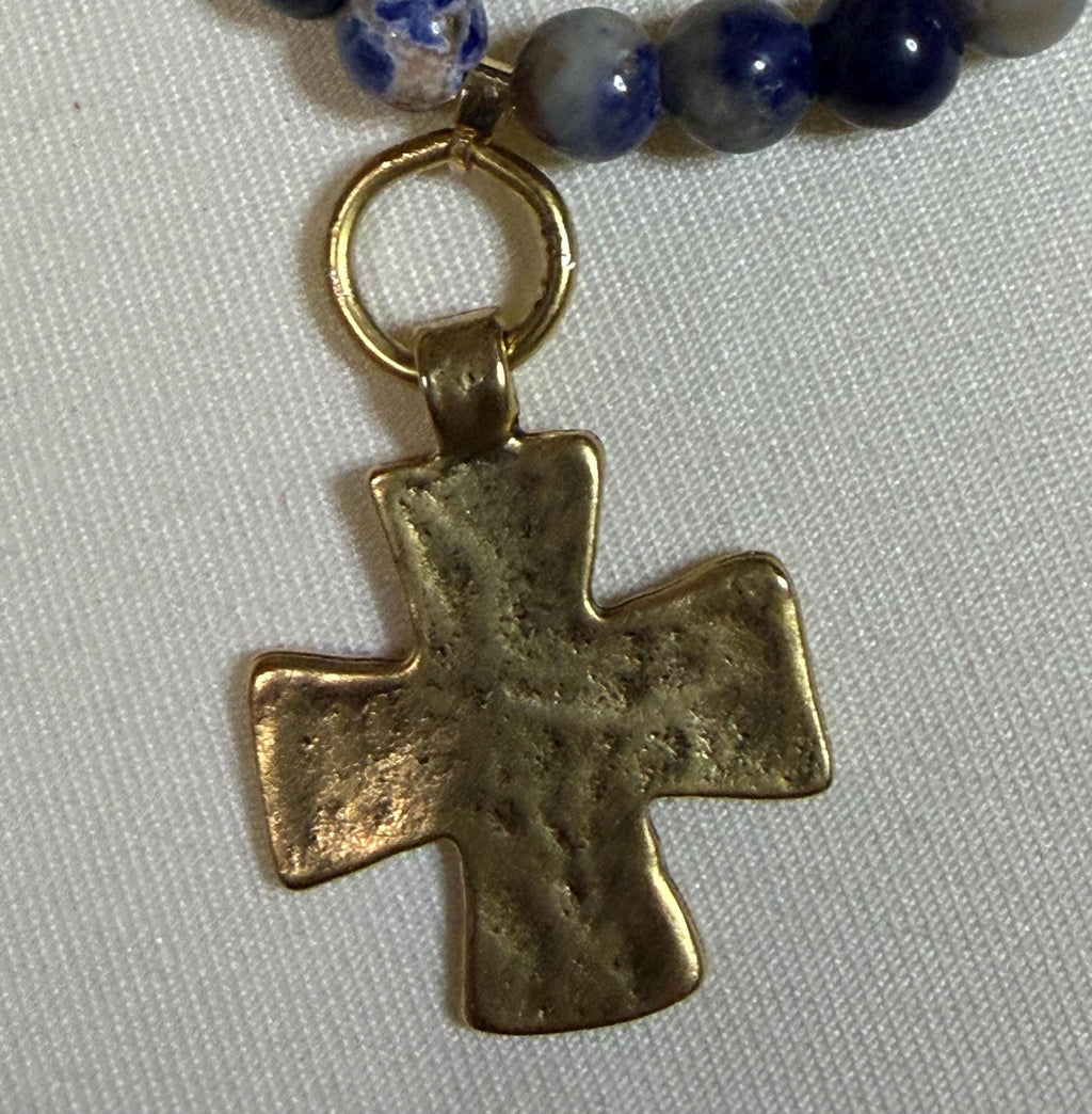Blue Sodalite Beaded necklace with hammered cross