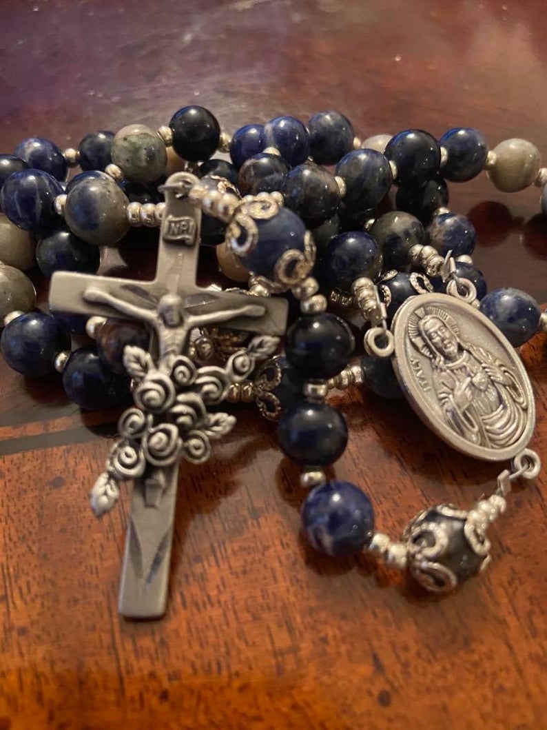 St. Theresa Rosary or St. Jude Rosary - Beautiful Blue & white swirl Sodalite beads with St Theresa rose Flowered crucifix and center