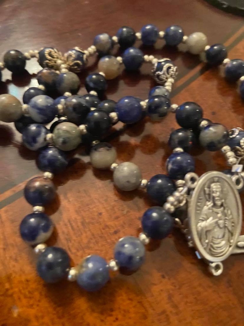 St. Theresa Rosary or St. Jude Rosary - Beautiful Blue & white swirl Sodalite beads with St Theresa rose Flowered crucifix and center
