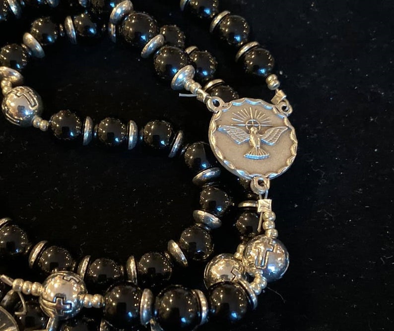 Men's Saint Benedict Black Onyx Rosary with Holy Spirit Centerpiece