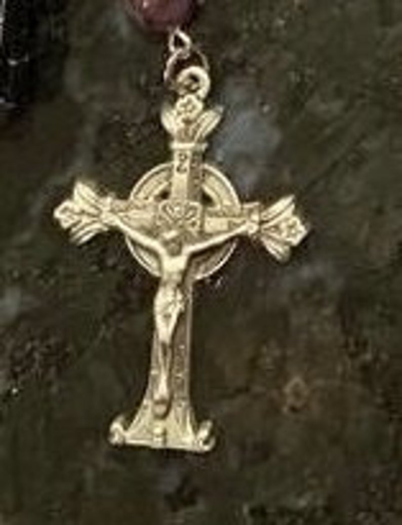 Holy Cross Purple Amethyst Gemstone Rosary, Sacred Heart Centerpiece, & Celtic Crucifix