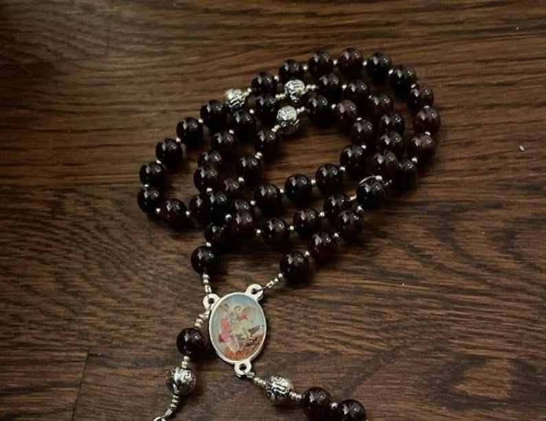 Beautiful Garnet Saint Michael the Archangel Rosary