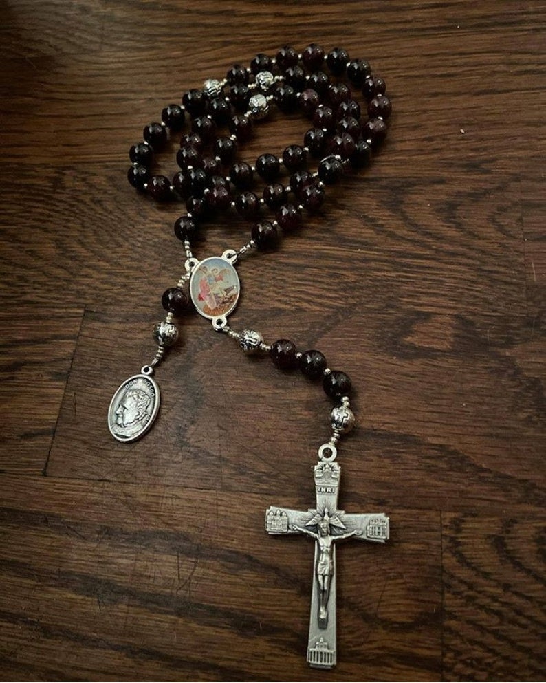 Beautiful Garnet Saint Michael the Archangel Rosary