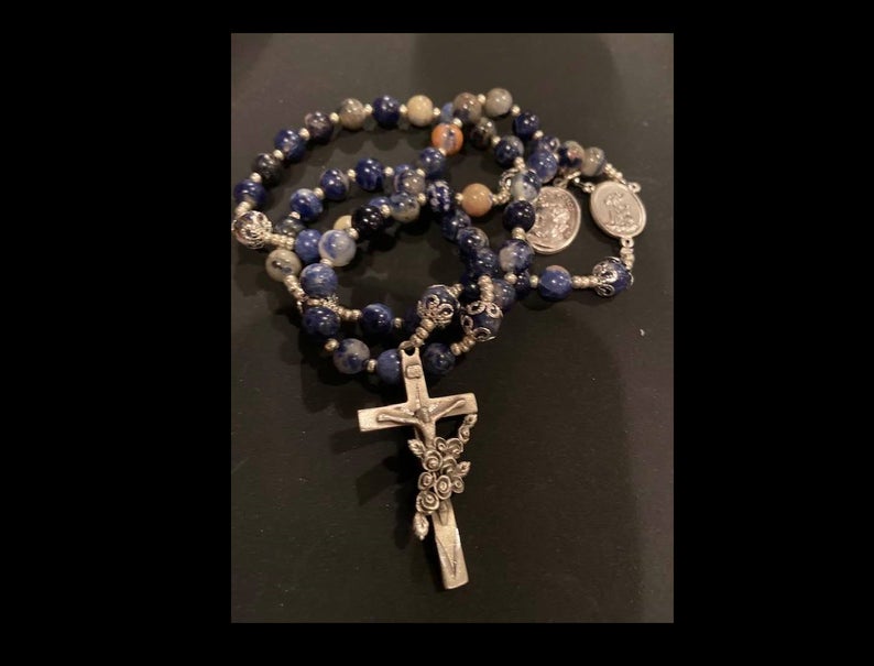 St. Theresa Rosary or St. Jude Rosary - Beautiful Blue & white swirl Sodalite beads with St Theresa rose Flowered crucifix and center