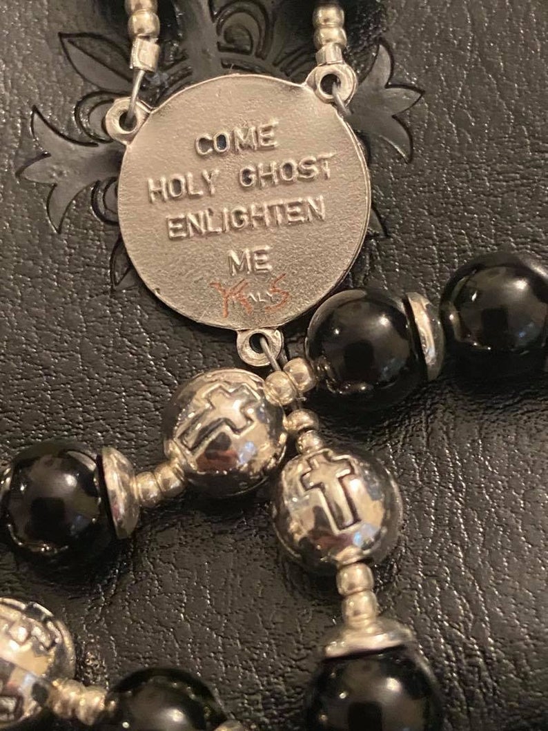 Men's Saint Benedict Black Onyx Rosary with Holy Spirit Centerpiece