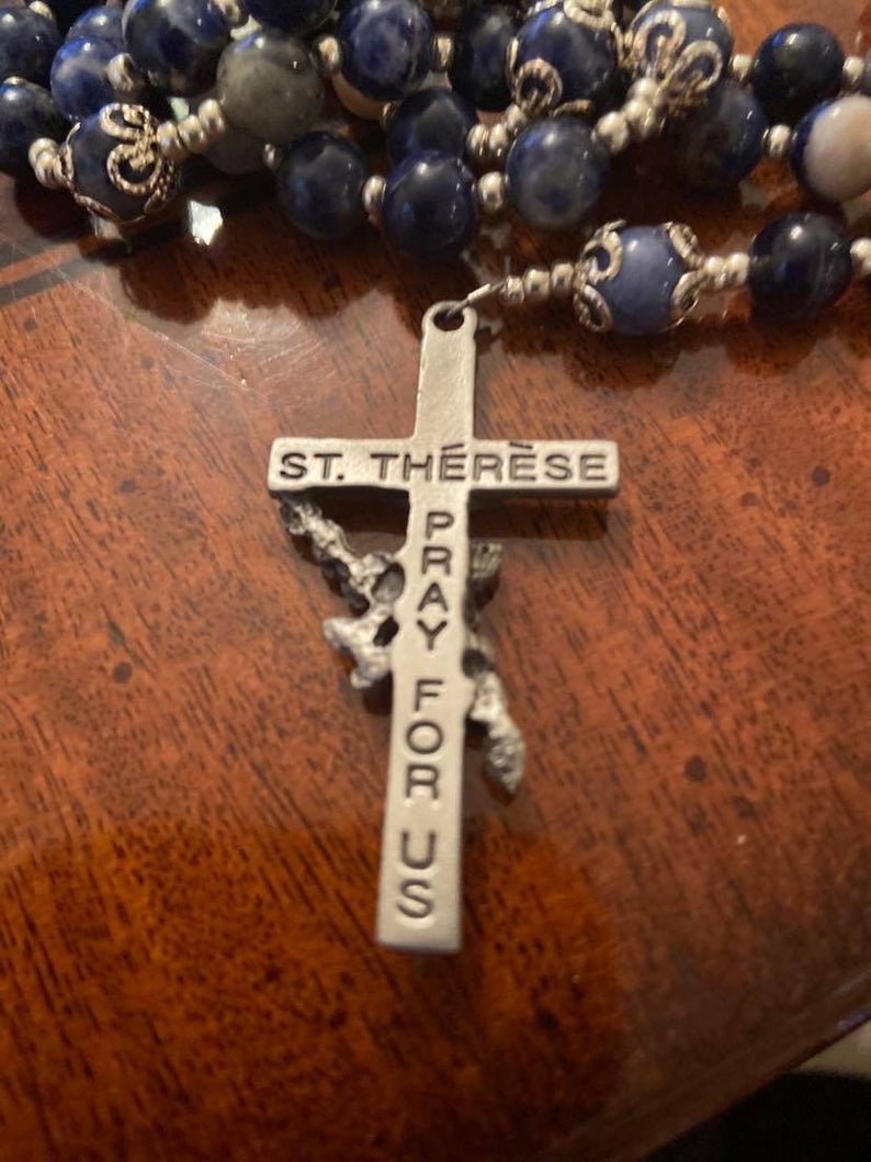 St. Theresa Rosary or St. Jude Rosary - Beautiful Blue & white swirl Sodalite beads with St Theresa rose Flowered crucifix and center