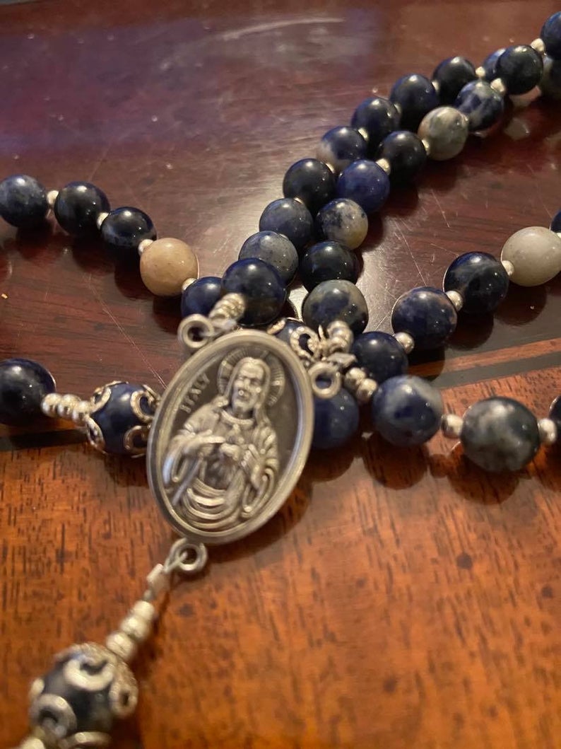 St. Theresa Rosary or St. Jude Rosary - Beautiful Blue & white swirl Sodalite beads with St Theresa rose Flowered crucifix and center
