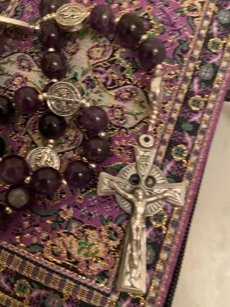 Holy Cross Purple Amethyst Gemstone Rosary, Sacred Heart Centerpiece, & Celtic Crucifix
