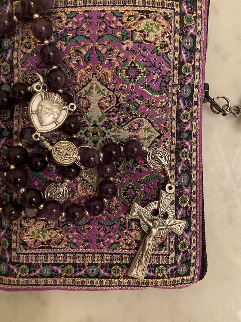 Holy Cross Purple Amethyst Gemstone Rosary, Sacred Heart Centerpiece, & Celtic Crucifix