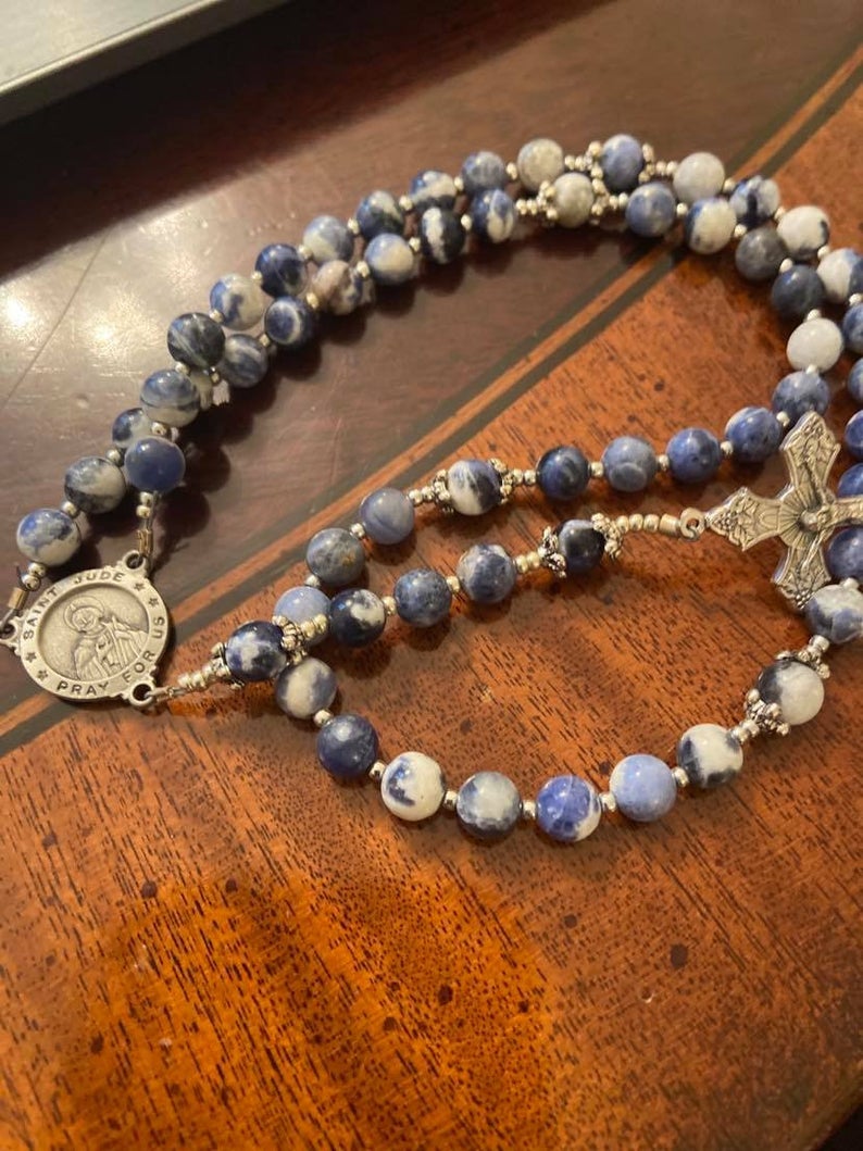 St. Theresa Rosary or St. Jude Rosary - Beautiful Blue & white swirl Sodalite beads with St Theresa rose Flowered crucifix and center