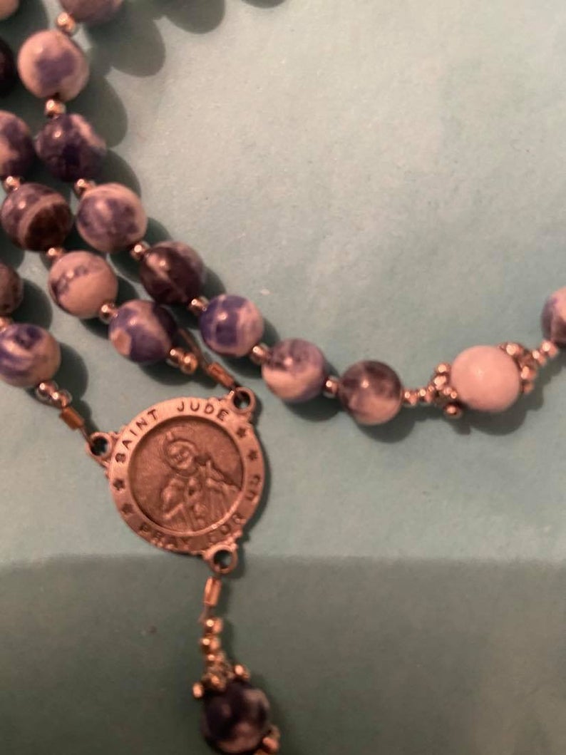 St. Theresa Rosary or St. Jude Rosary - Beautiful Blue & white swirl Sodalite beads with St Theresa rose Flowered crucifix and center